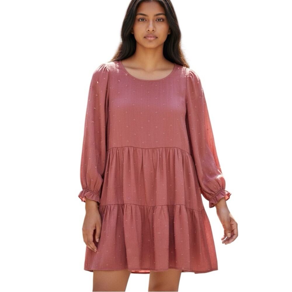 Mine Anthropologie Rust Swiss Dot Tiered Long Sleeve Babydoll Mini Dress Size M